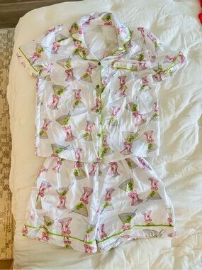 White Martini Print Women's Short Pajama Set with Pink Bow Detail
